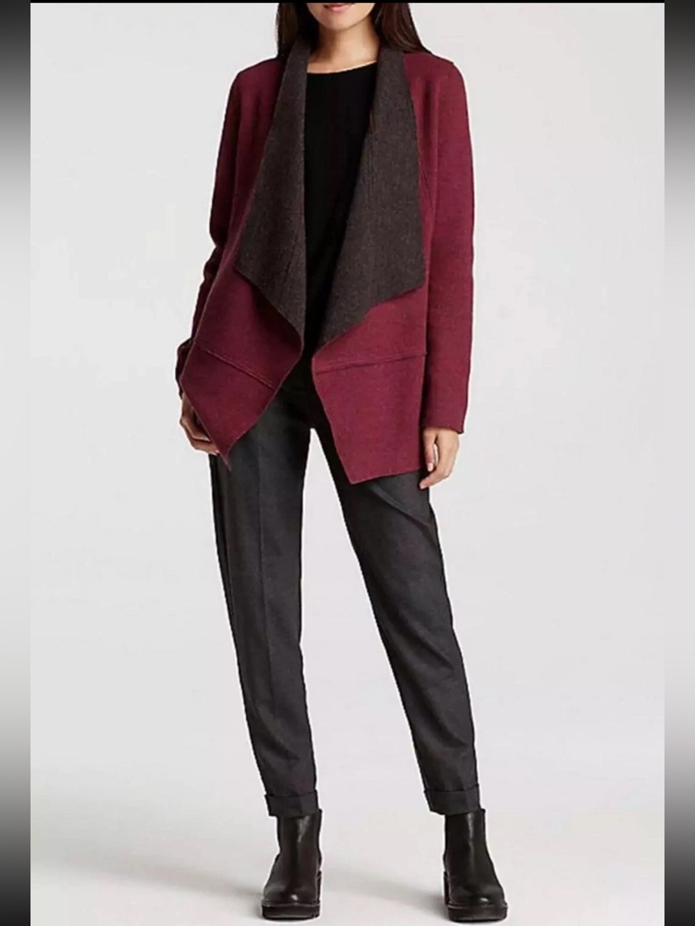 Eileen Fisher Double-Faced Merino Wool Draped Open Jacket Burgundy Gray Size M